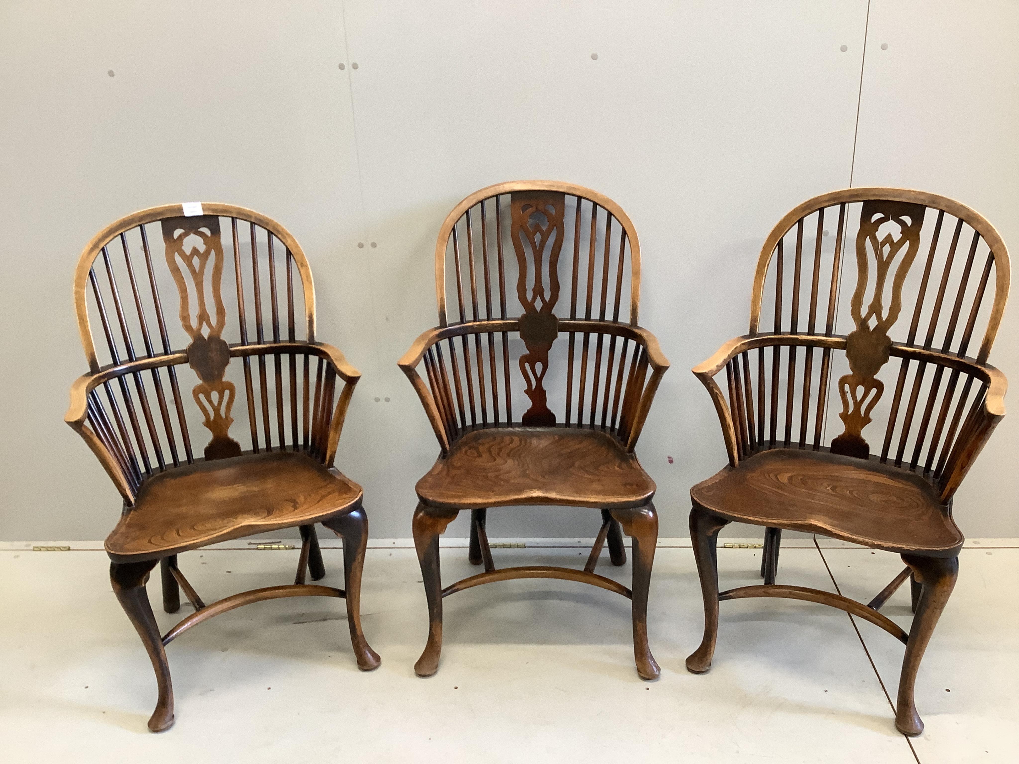 Six (three plus three) reproduction elm and beech Windsor armchairs, larger width 60cm, height 106cm. Condition - poor to fair